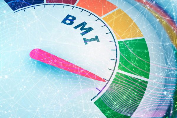 Body mass index meter read level result. Color scale with arrow from red to green . The measuring device icon. Colorful infographic gauge element. 3D rendering
